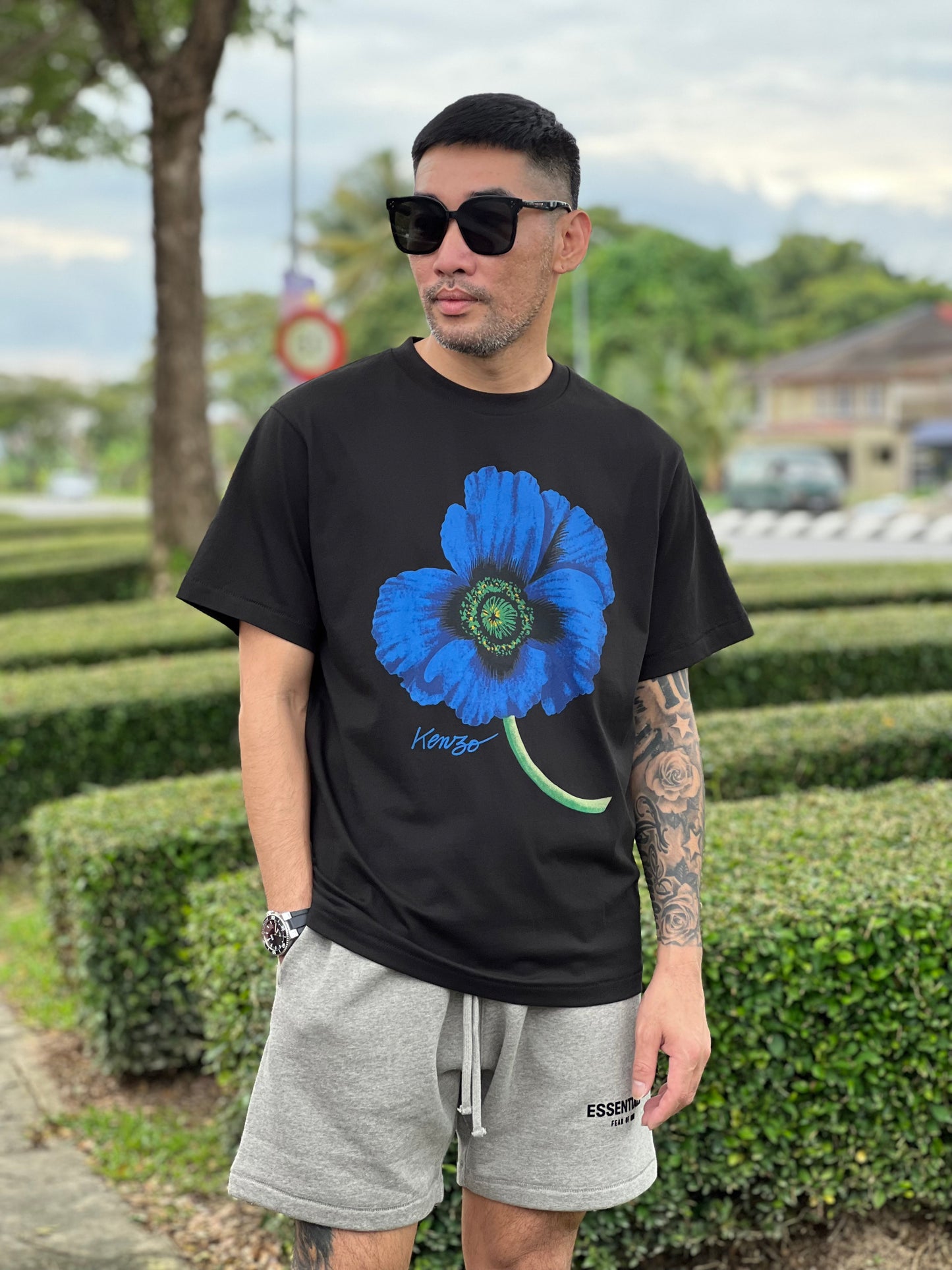 KENZO BLUE FLOWER PRINTED LOGO